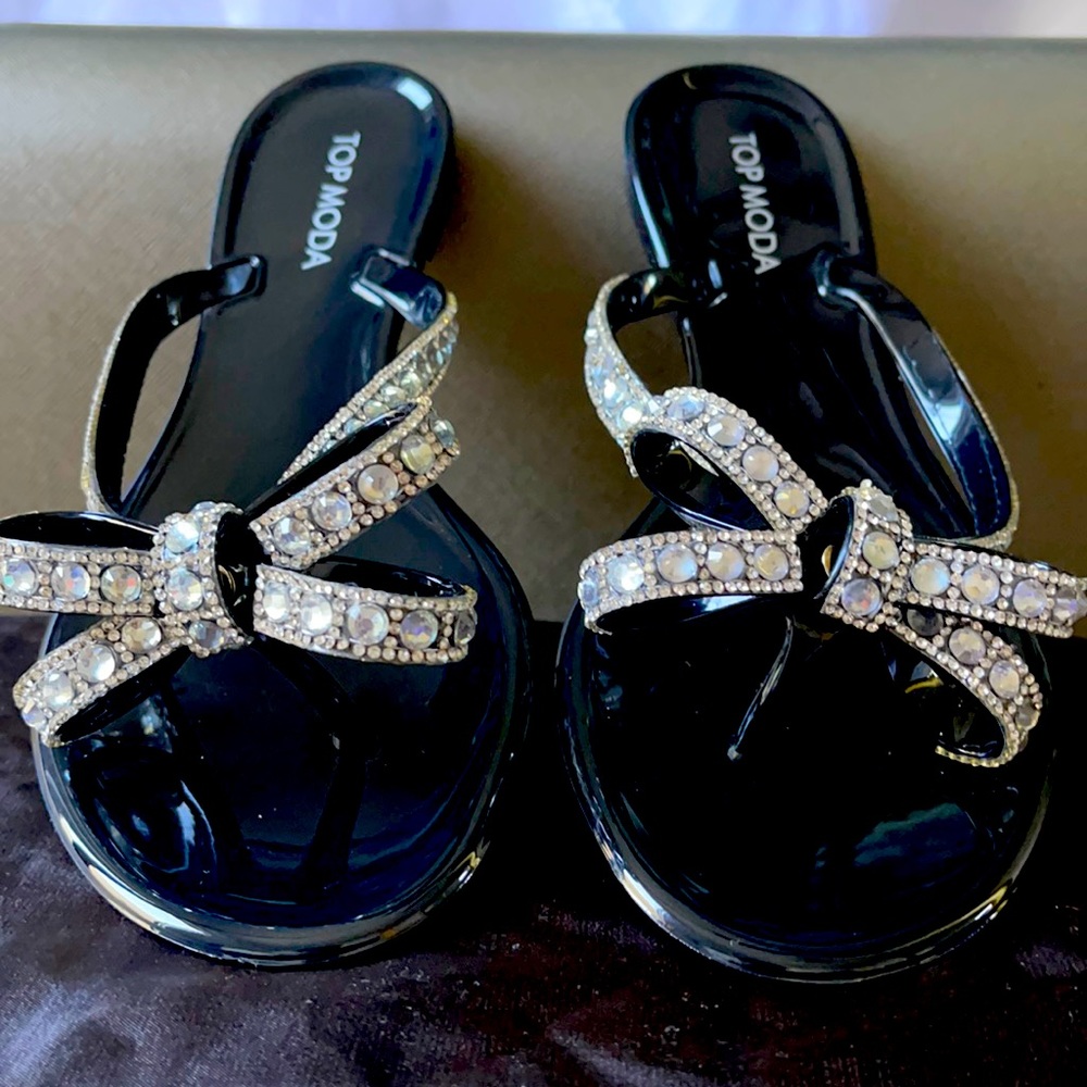 Black Rhinestone Thong Flats